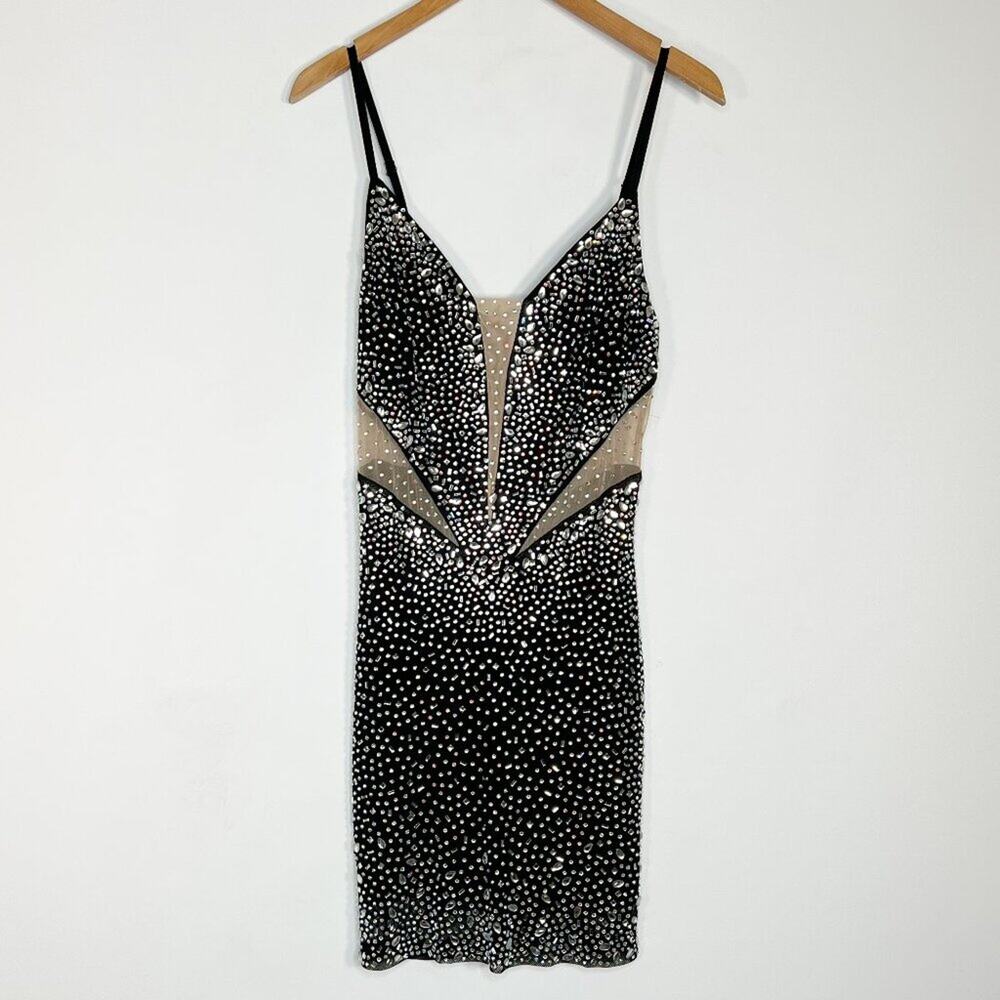 Banjul Beaded Rhinestone Black Bodycon Mini Formal Dress Womens L NWOT - Picture 2 of 16
